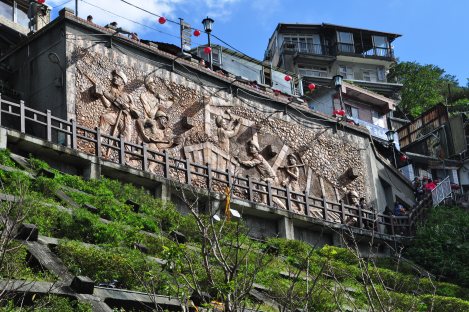 mural depicting jiufen's mining history/jiufen, taiwan/dec 28, 2012
